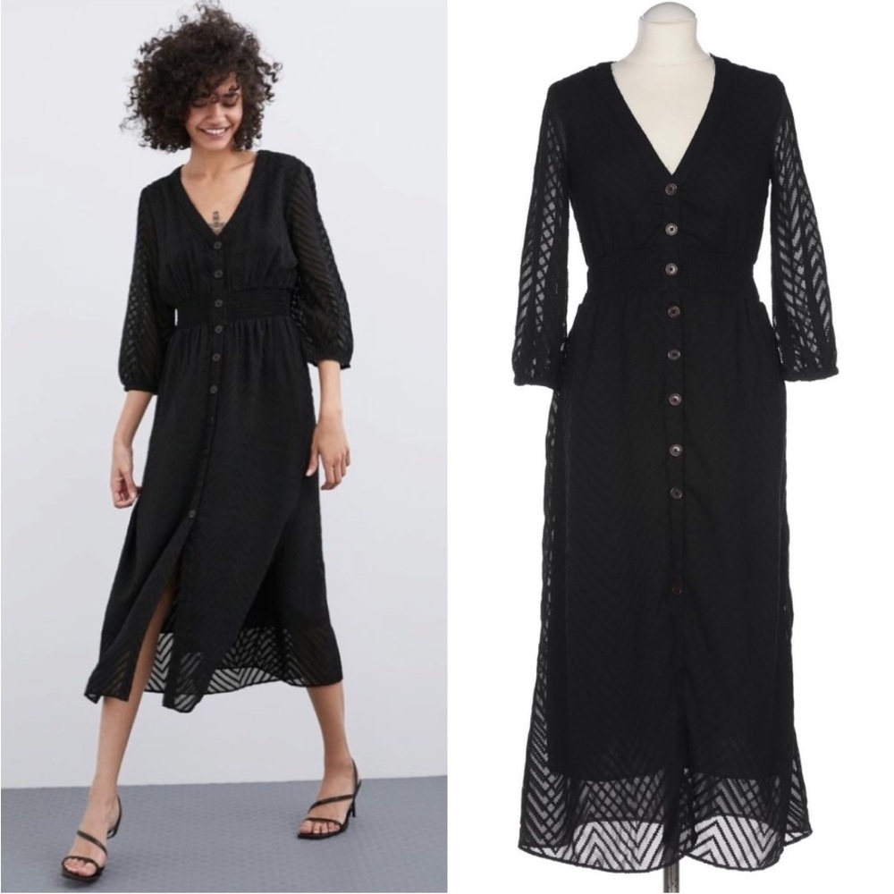 Zara Textured Black Sheer Midi Dress Size M